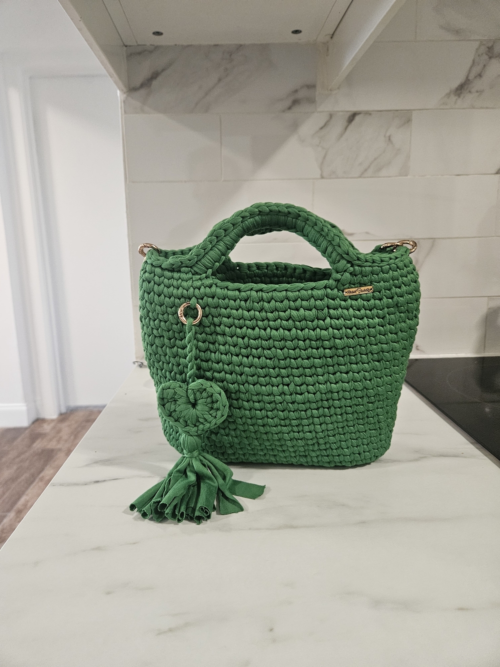 Handwoven Green Knit Tote Bag with Tassel Accent
